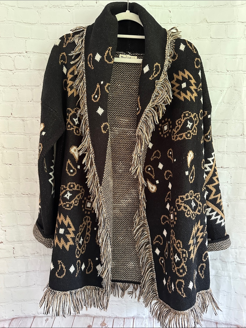 New In Bohemian Fringe Open-Front Sweater Cardigan - Black & Tan Size L